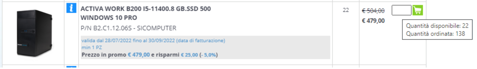 Per visualizzare il numero di prodotti disponibili fermati con il puntatore sul box