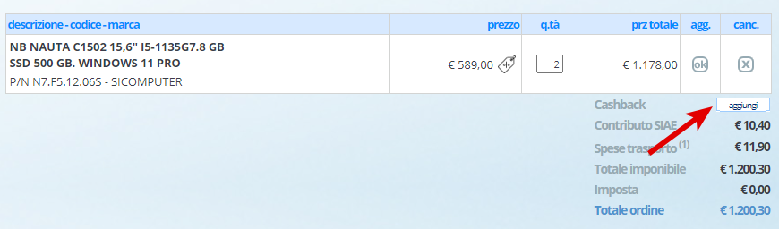 Per utilizzare il cashback, clicca sull'apposito pulsante nel carrello
