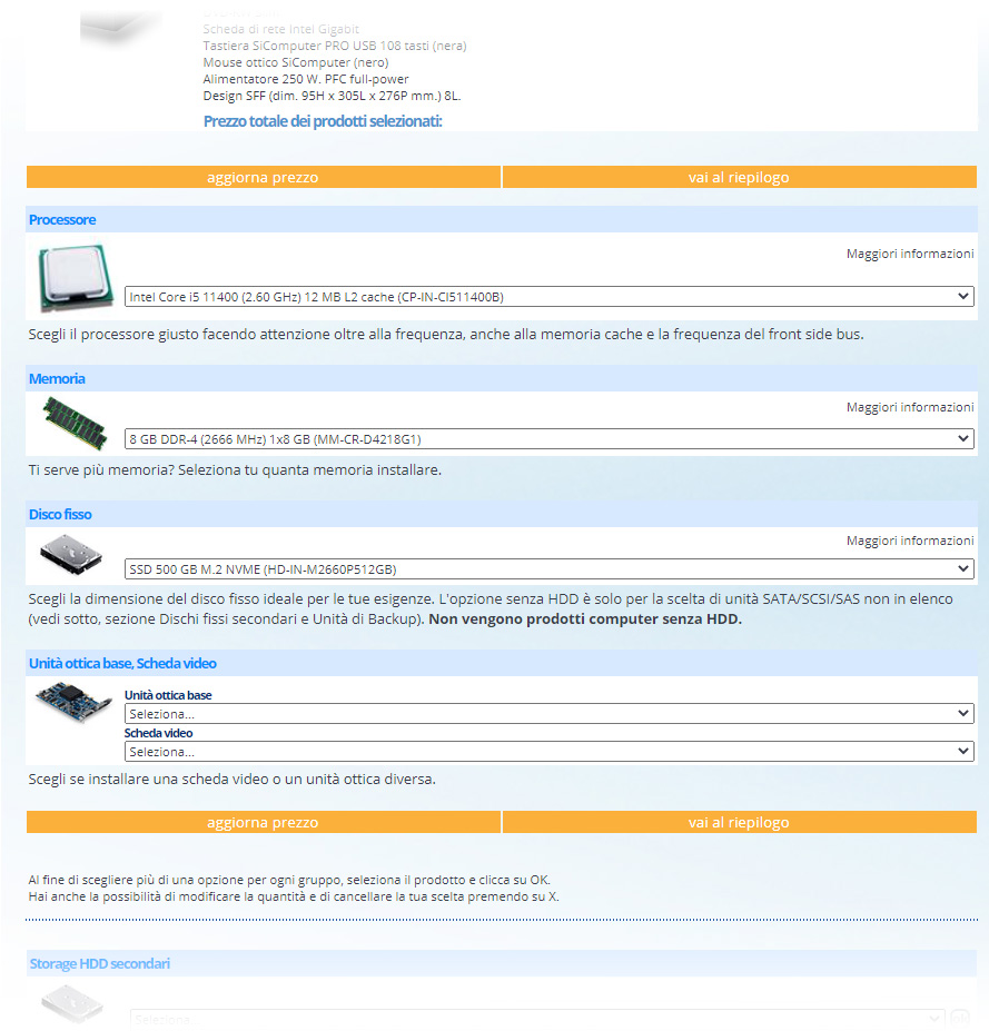 screenshot - configuratore prodotto dettaglio - componenti
