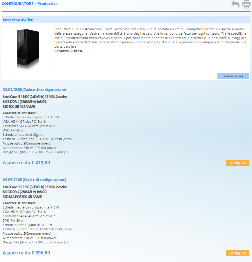 screenshot - configuratore prodotto dettaglio