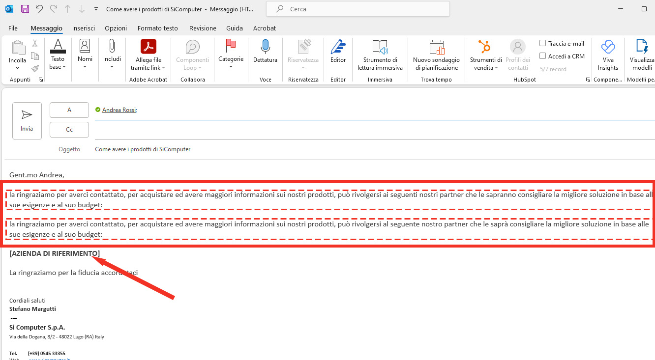 HubSpot - Outlook modelli testo